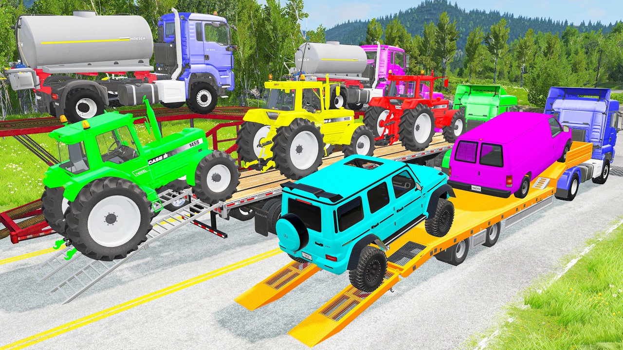 Triple Flatbed Trailer McQueen Transportation with Truck - Speedbumps vs Cars vs Train - BeamNG #7