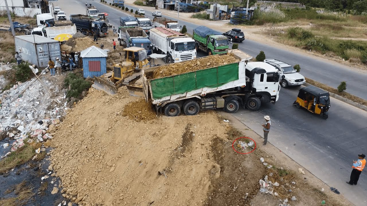 Wow! Amazing! Create Landfill into Flood Land by D40P Dozer & Heavy Truck Unload Soil from High Road