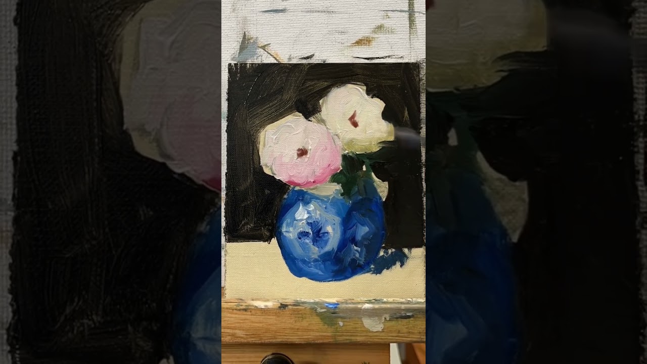 Roses floral stilllife oil painting in antique blue and white vase Carolina Elizabeth art studio