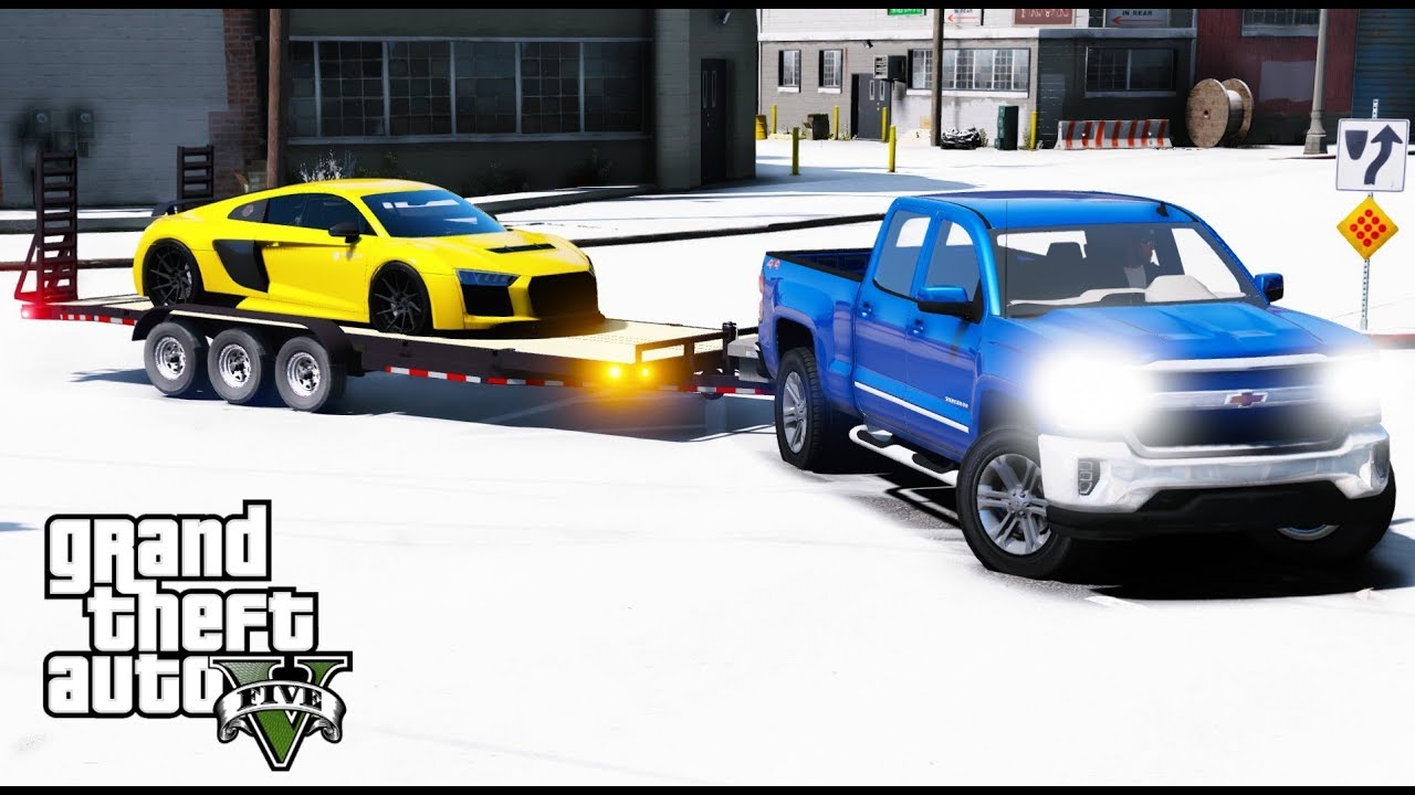 GTA 5 REAL LIFE MOD ANOTHER DAY AT WORK #48 Silverado & Trailer Hauls Audi R8 Stuck In Snow