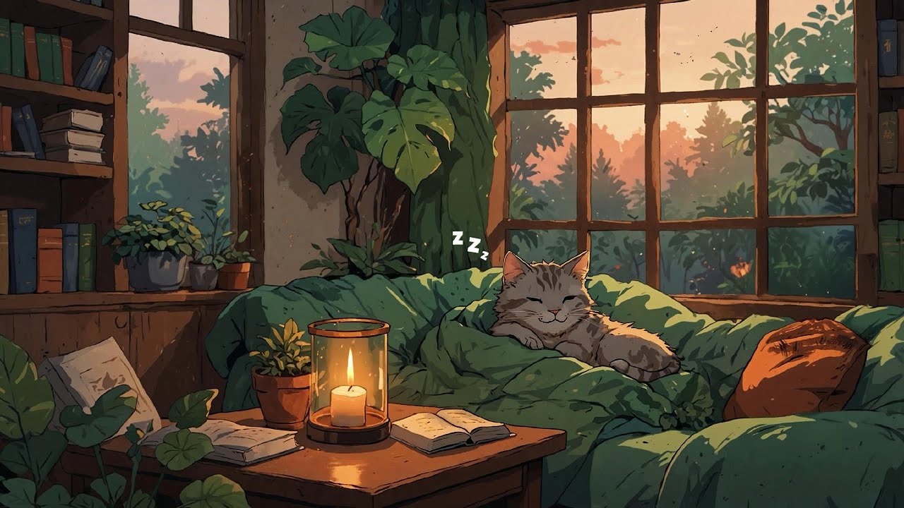 Evening Calm Lofi | Cozy Cat, Books & Candlelight Ambience