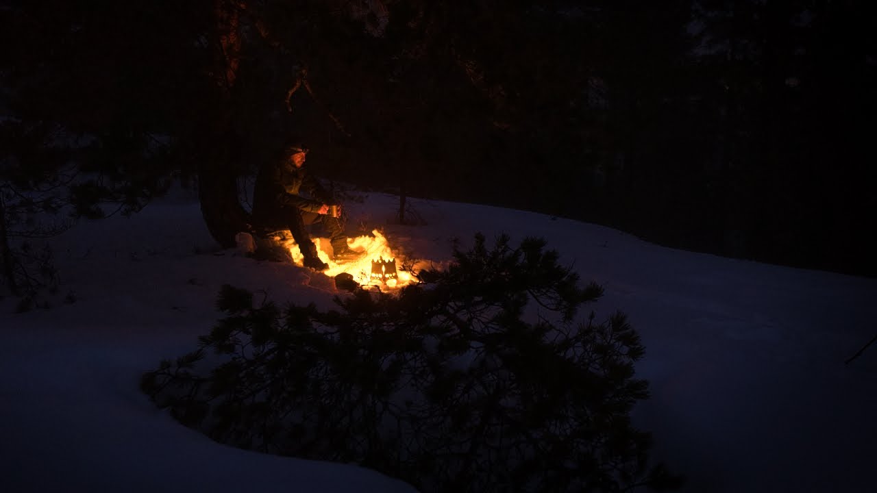 Alone in the dark winter woods - overnighter with tent and firebox stove
