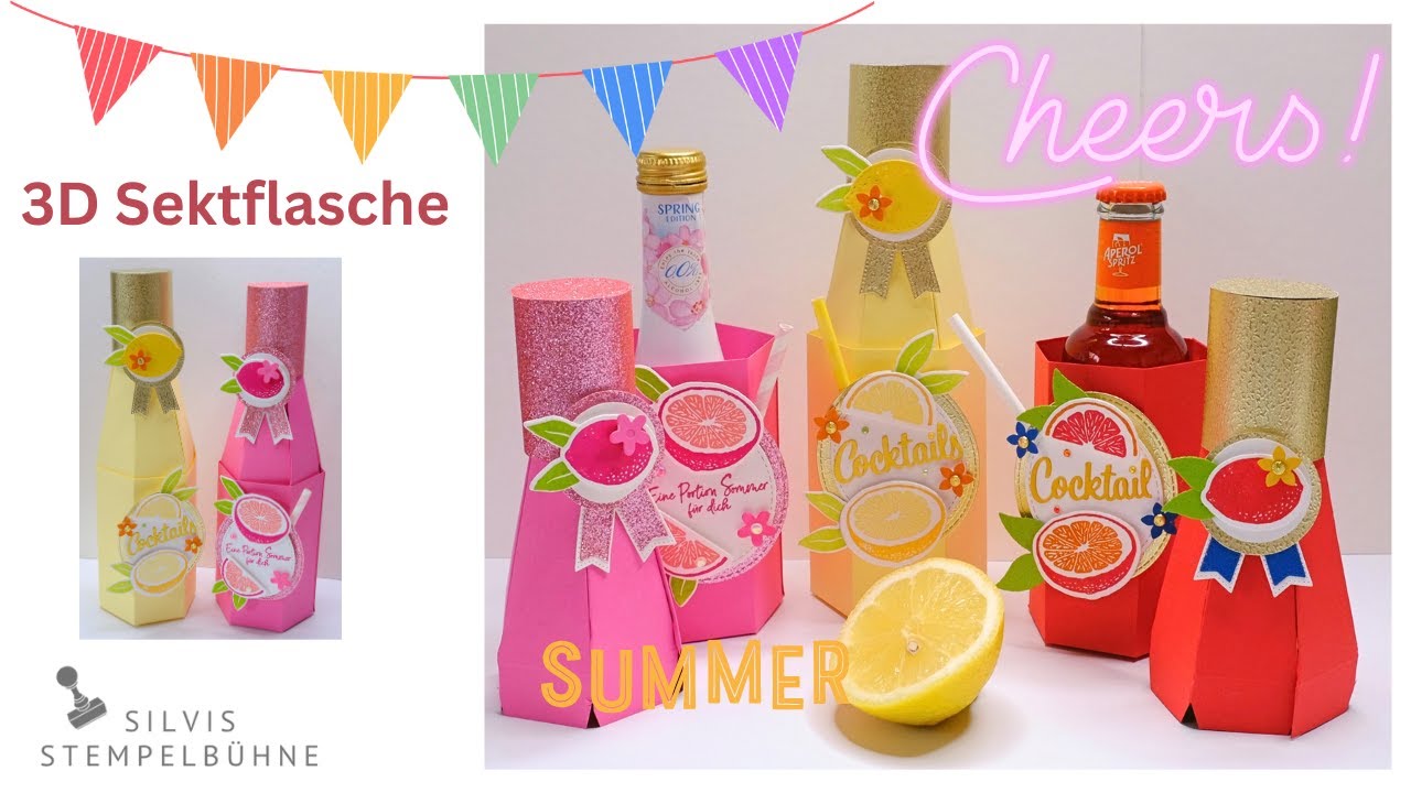 3d Sektflasche / ohne Plotter und Stanzformen / Aperol spritz / Spritzige Zitronen / Stampin' Up!
