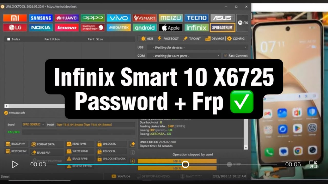 Infinix Smart 10 X6725 Password + Frp bypass with UnlockTool