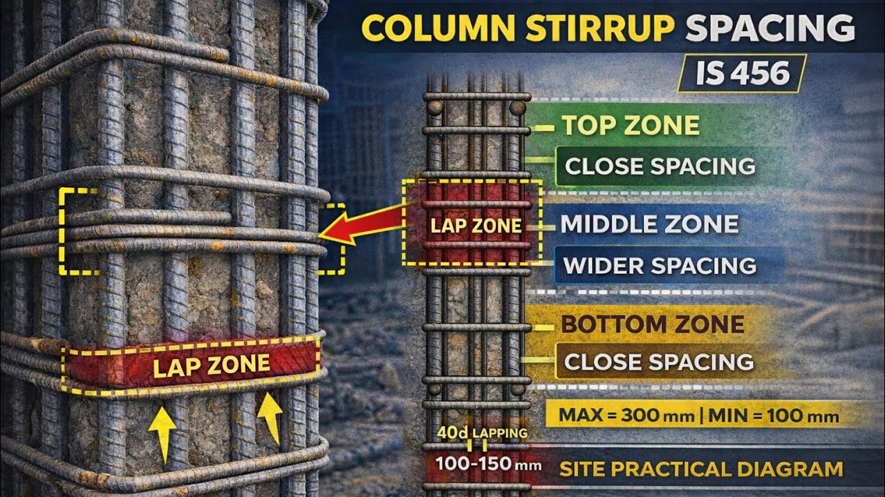 Column Stirrup Pattern | Top, Middle & Bottom Zone Spacing as per IS 456