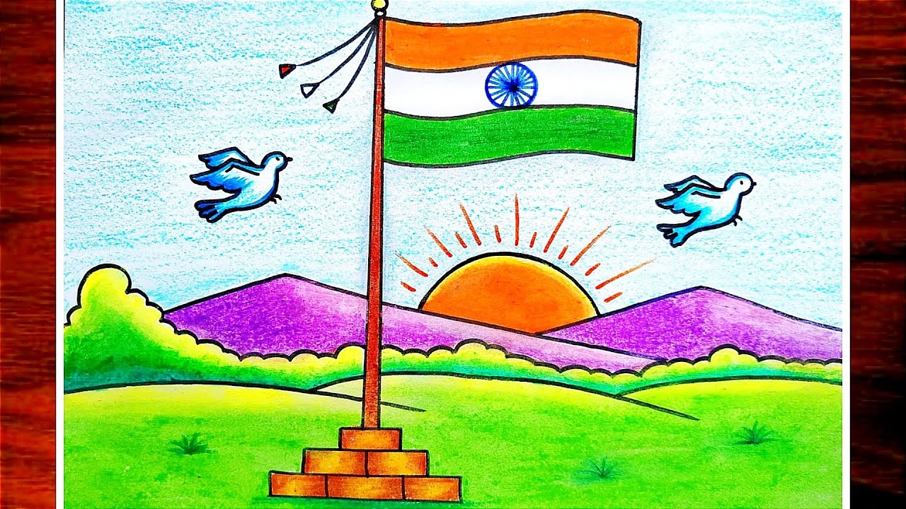How To Draw Indian National Flag|Independence Day Scenery Drawing|Har Ghar Tiranga Drawing Easy