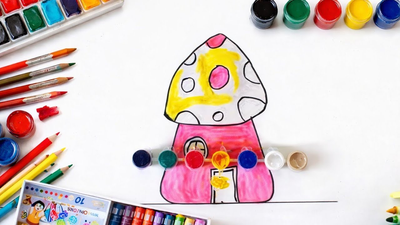 Easy Home Drawing for Kids 🏠 | Mushroom House Drawing & Coloring | Kids Art