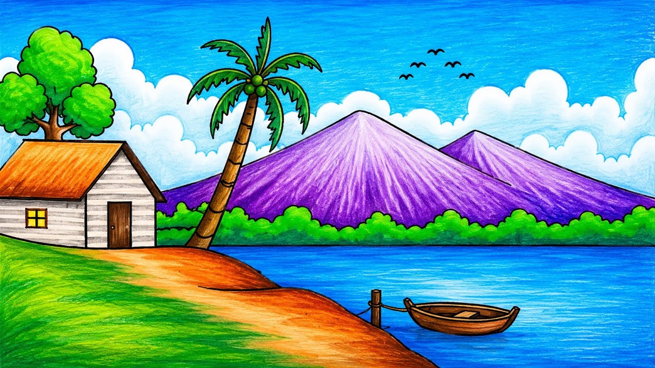 How to Draw Easy Scenery | Drawing Simple Seaside House Scenery Step by Step with Oil Pastels
