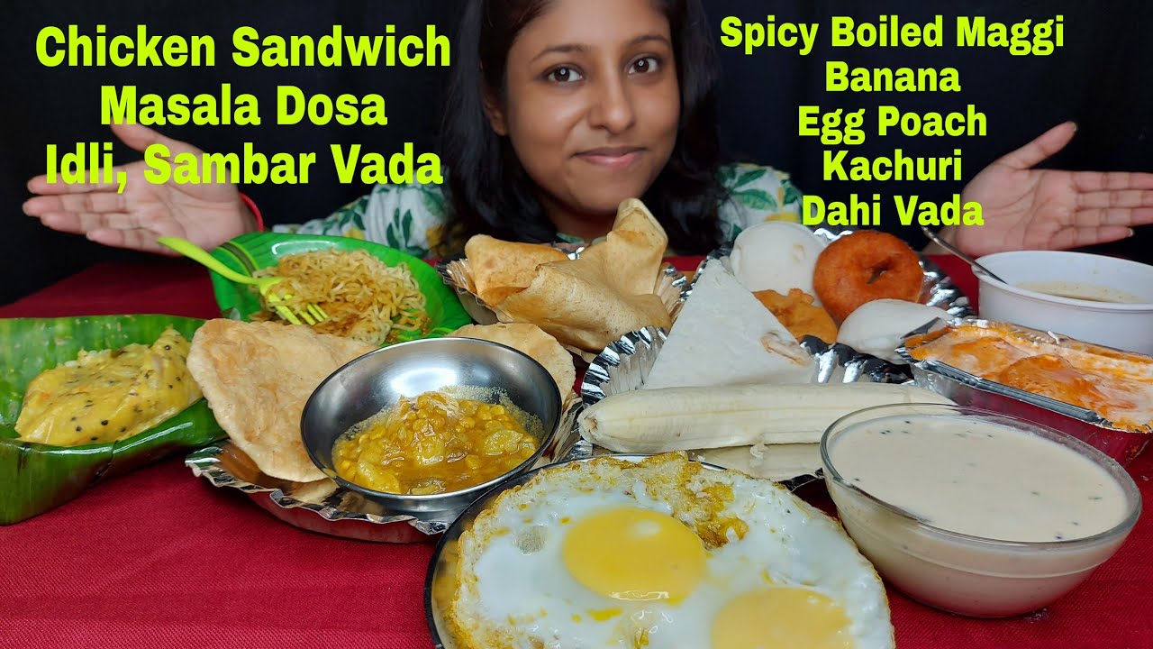 Huge Breakfast (south indian)Eating Show-Masala Dosa,Idli,Egg Poach, Dahi Vada,Sambar,Boiled Maggi