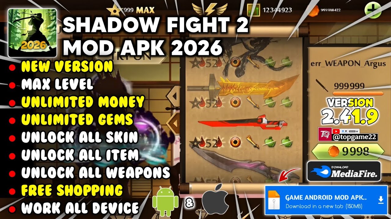 SHADOW FIGHT 2 MOD APK V2.41.9 НОВИНКА 2026 - Неограниченные деньги, неограниченная энергия и мак...