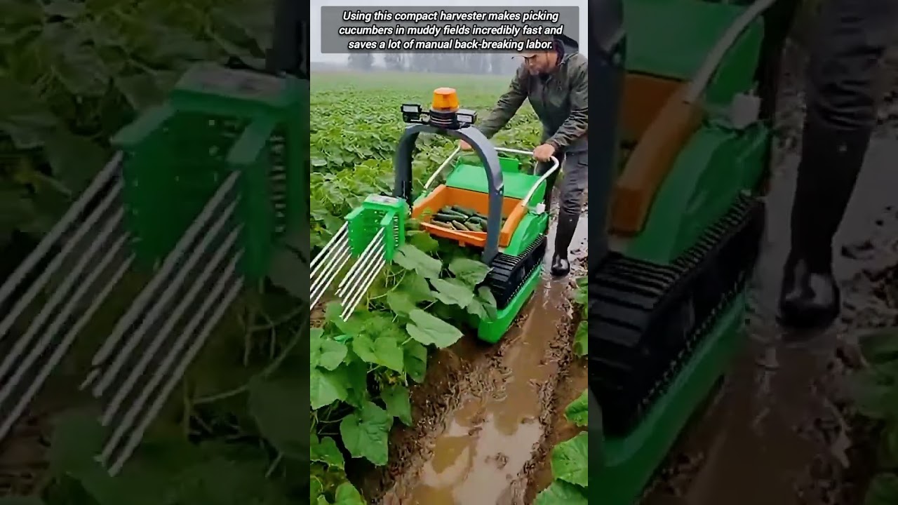 Compact Electric Machine Harvesting Fresh Cucumbers In Muddy Fields