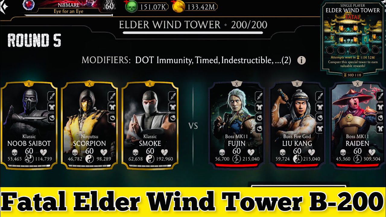 Fatal Elder Wind Tower Bosses Battle 200 Fight + Guaranteed epic gear& Diamond Card Reward MK Mobile