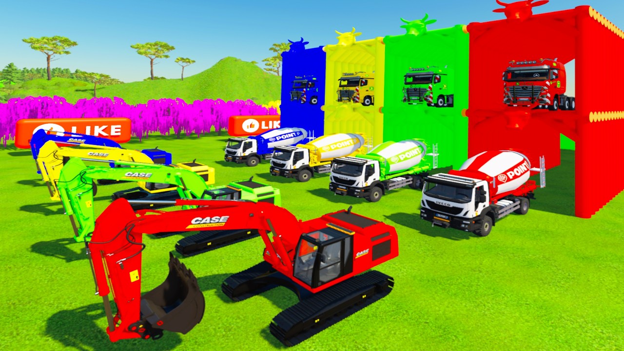 Garage With Color - ALL COLORFUL CASE EXCAVATOR, IVECO MIXER TRUCK TRANSPORTING TO COLORFUL GARAGE