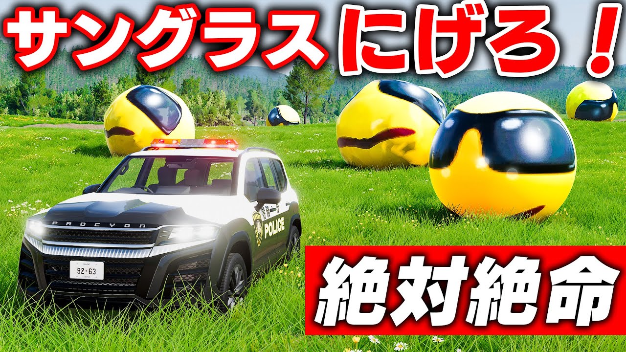【BeamNG】絶体絶命のパトカー逃走劇！謎すぎるサングラスボール軍団襲来！これはただのボールじゃない！巨大すぎるボールが車や街を破壊する！どのサングラスボールが一番ヤバい？車がリアルに壊れる【ほぅ】