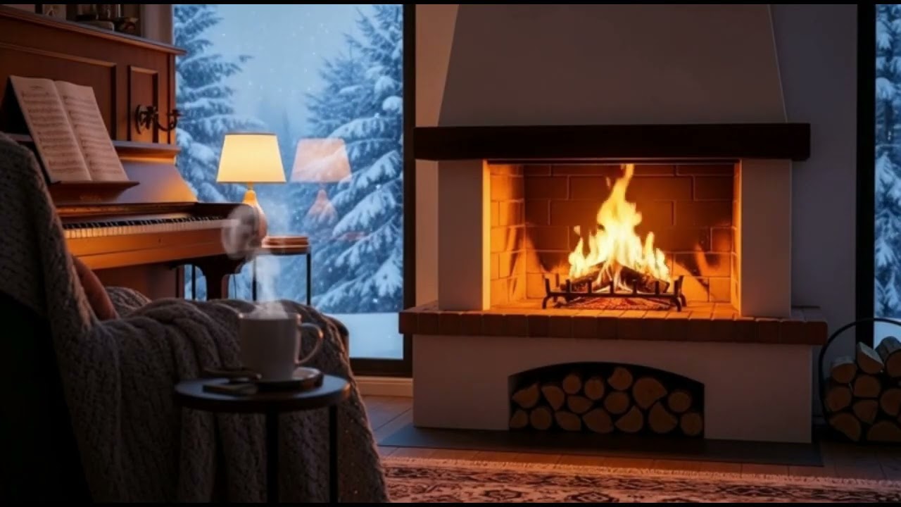 Winter Piano Jazz ⛄ Relaxing Coffee Shop Ambience & Fireplace Sounds for Study & Work