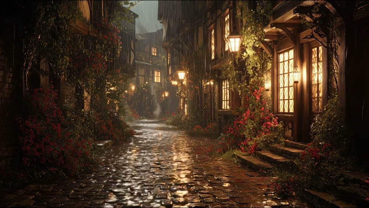 Medieval Rainy Street Ambience | Cozy Night Walk in an Old European Village