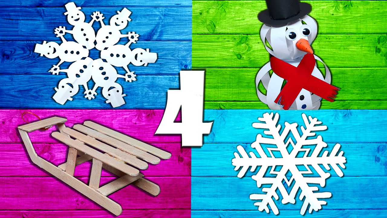 Schneeflocke, Schneemann und Eisstiel Schlitten basteln - snowman snowflake DIY sledge winter craft
