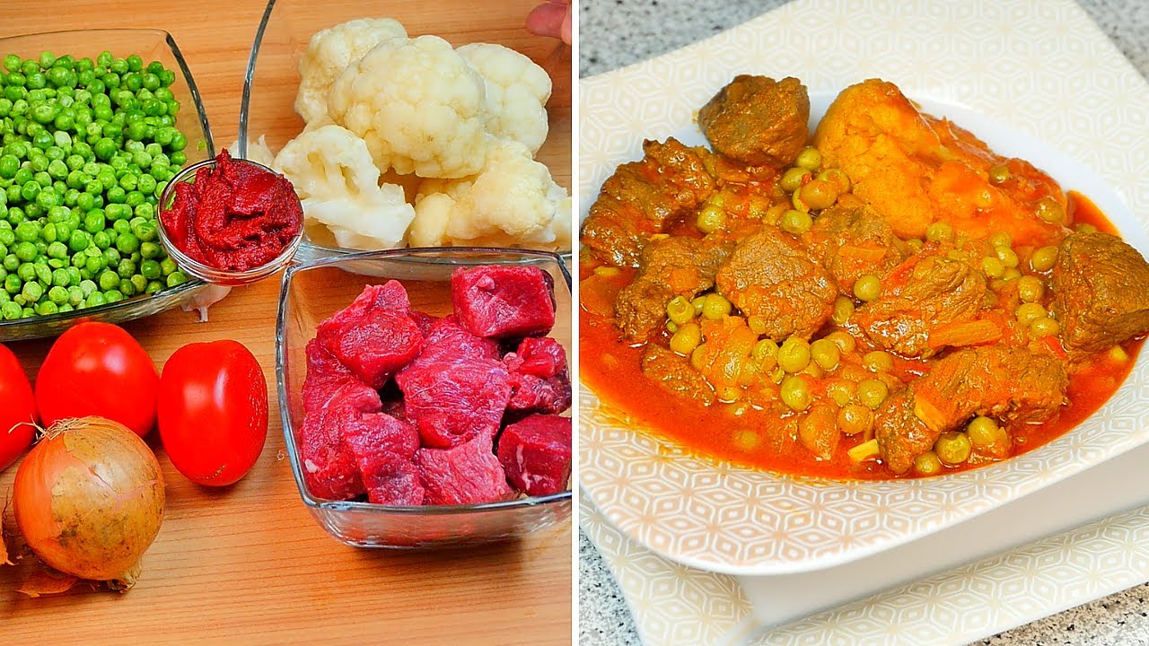 Попробуйте этот рецепт. Гуляш с горошком и цветной капустой. Быстро и вкусно #034
