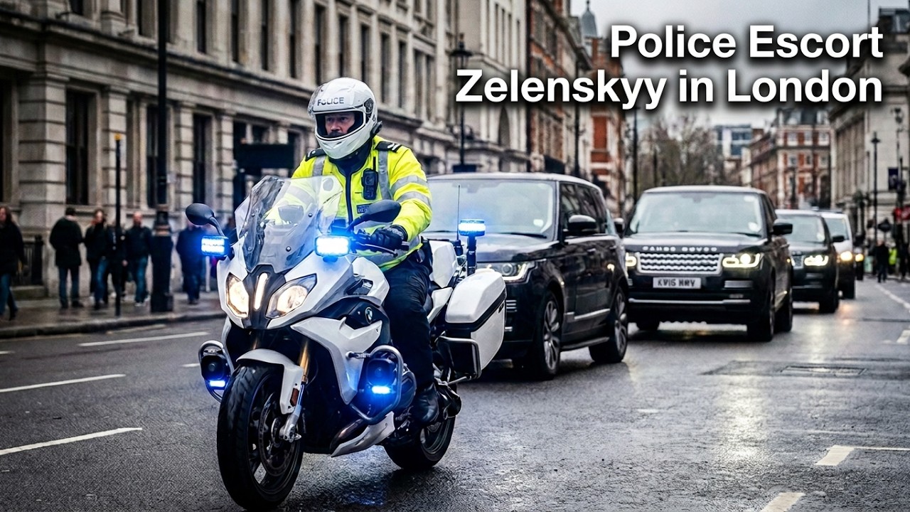 SEG Police escort Ukrainian President Volodymyr Zelenskyy from Downing Street during UK visit