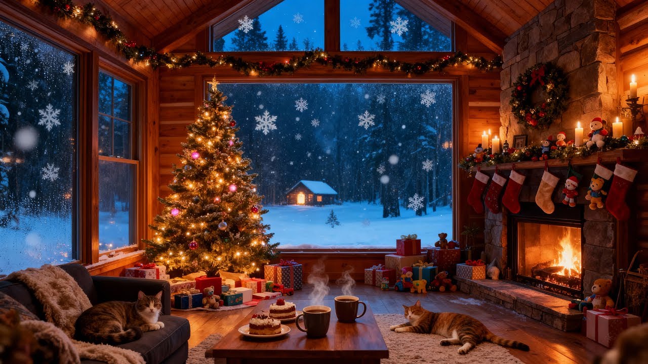 Cozy Christmas Cabin 🎄 Instrumental Christmas Piano Music, Fireplace & Snowfall for Relaxing 24/7
