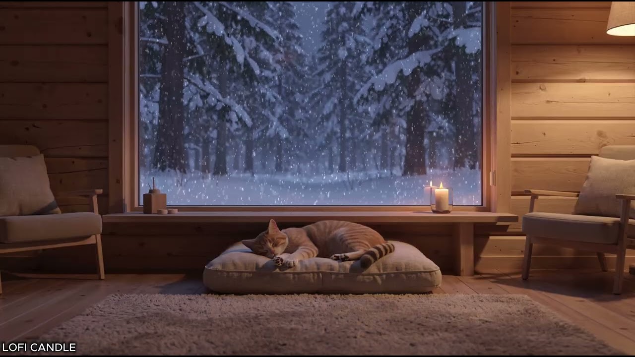 ❄️ Cozy Winter Cabin | Snowy Window, Sleeping Cat & Candlelight 🕯️