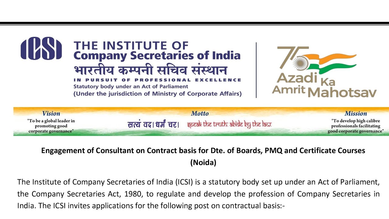 ICSI Vacancy CS Consultant 50000 profile at Noida Sector 62  PMQ Certificate Course eligibility job