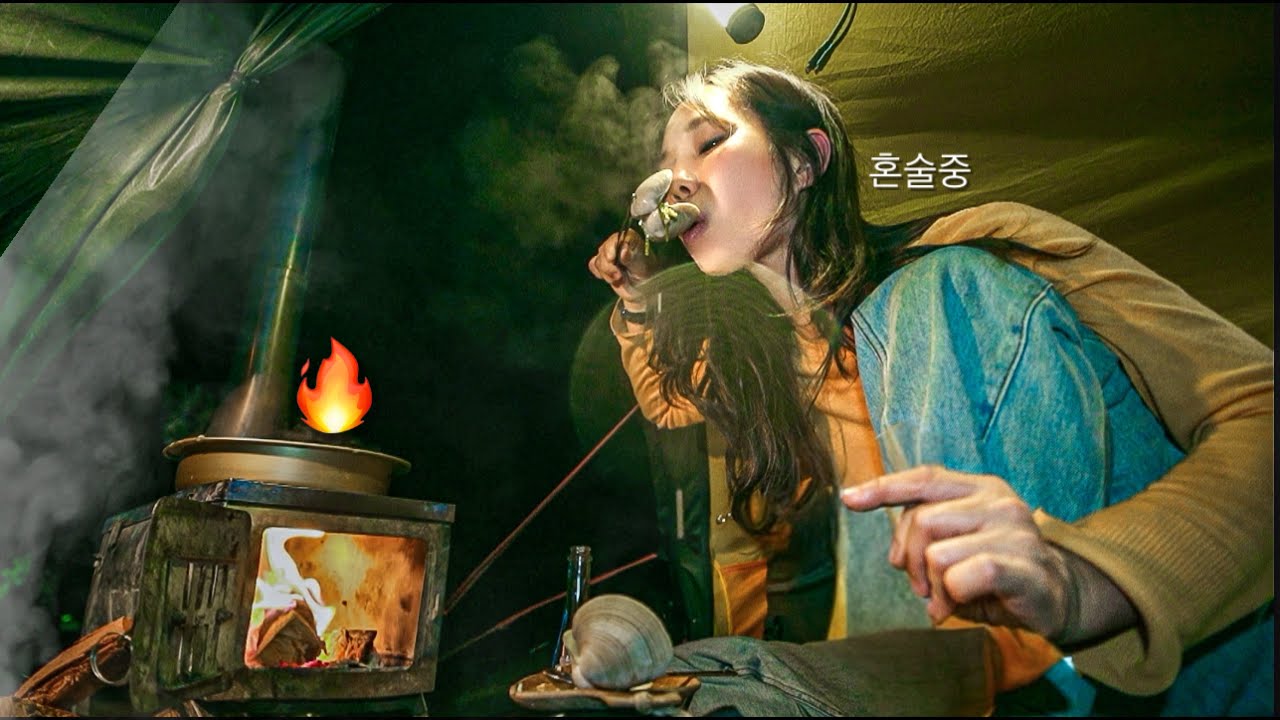 🍂Тёплый одиночный поход в палатке с дровяной печью. / Моллюски на гриле и 🍶Макгеолли