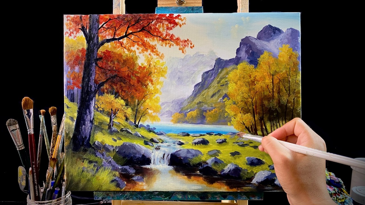 How to Paint a Peaceful Autumn Mountain Scene | Step by Step Acrylic Tutorial
