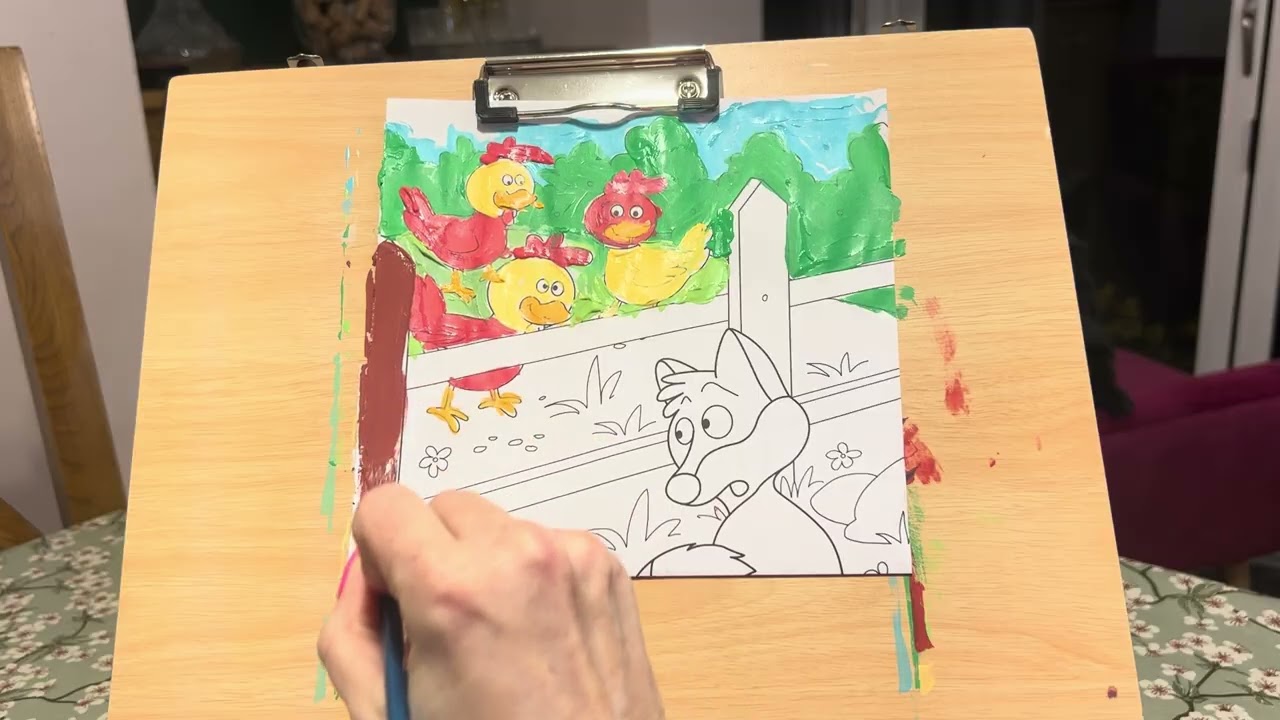 Three happy hens (and a fox!) calm painting. Full video
