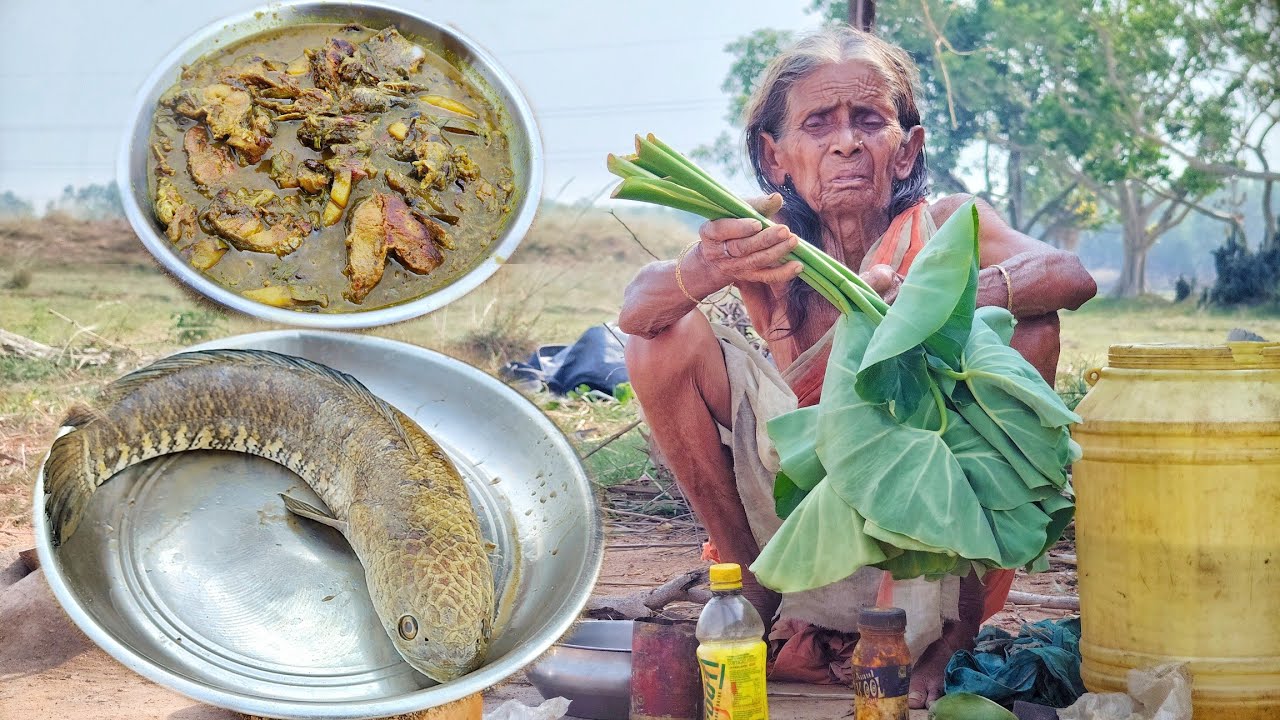 90 year old poor widow Grandma cooking SHOL FISH with Kochu & eating with hot rice||traditional life