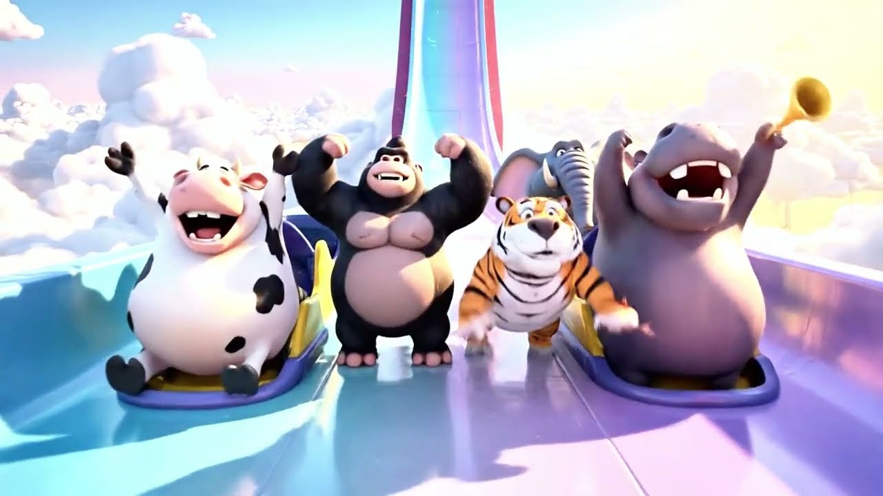 Long Slide Game With Cow Elephant Gorilla Hippopotamus Tiger - 3d Animal Game - Funny 3d Animals