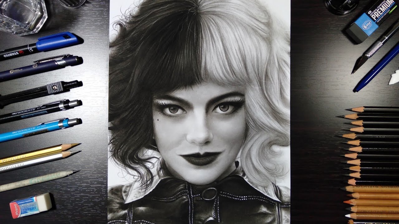 Drawing Cruella De Vil (Emma Stone) | Charcoal pencil