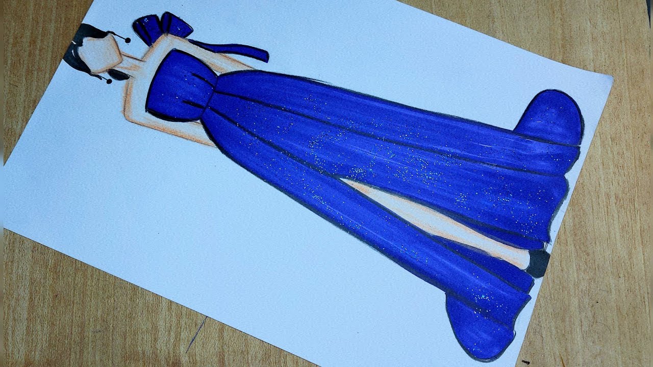 تعلم رسم فستان سهرة أزرق سهل جدا / رسم تصميم الأزياء / رسم فساتين