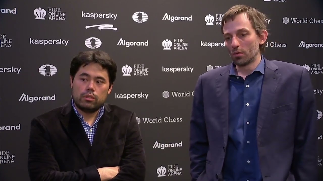 Hikaru Nakamura and Alexander Grischuk after Round 5 of the FIDE Grand Prix 2022 in Berlin