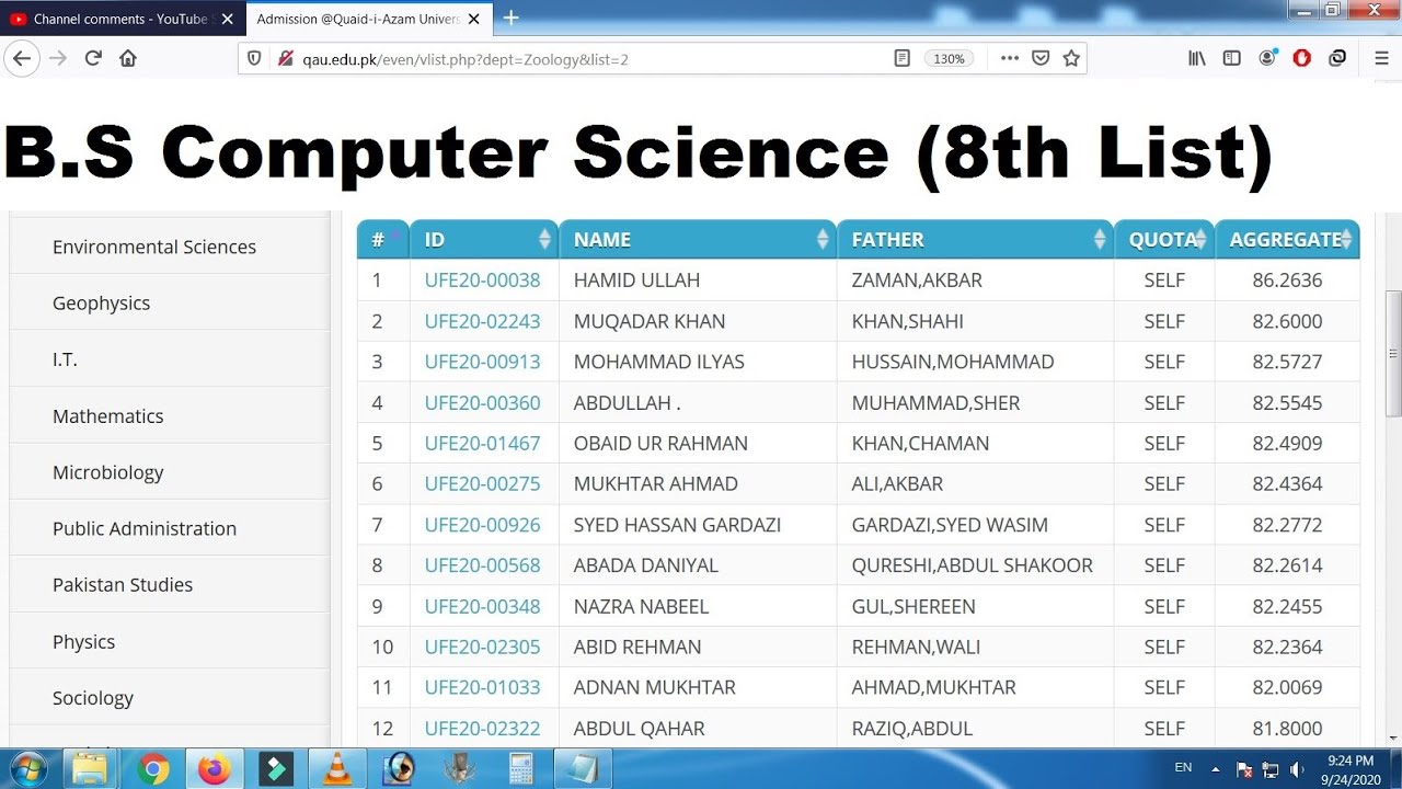 Quaid-e-Azam University | B.S Computer Science Eighth Merit List 2020