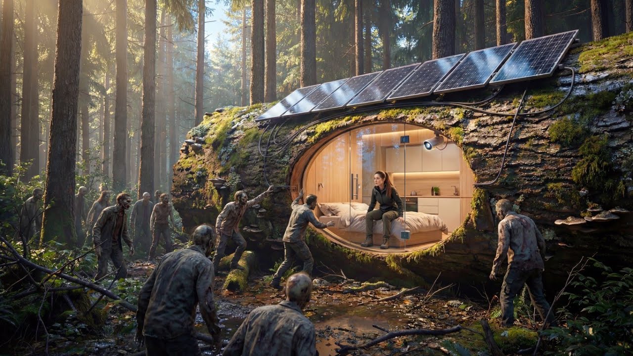 I Built a Hidden Giant-Log Tiny House (ASMR) | Off-Grid Solar Forest Cabin Zombie Shelter