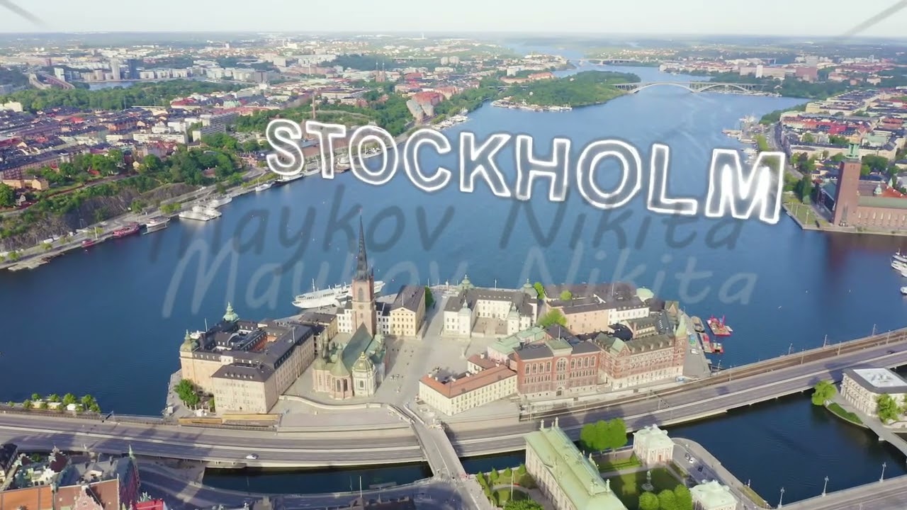 Inscription on video. Stockholm, Sweden. Old Town - Gamla Stan. Riddarholmen. Helgeandsholmen. Aeria