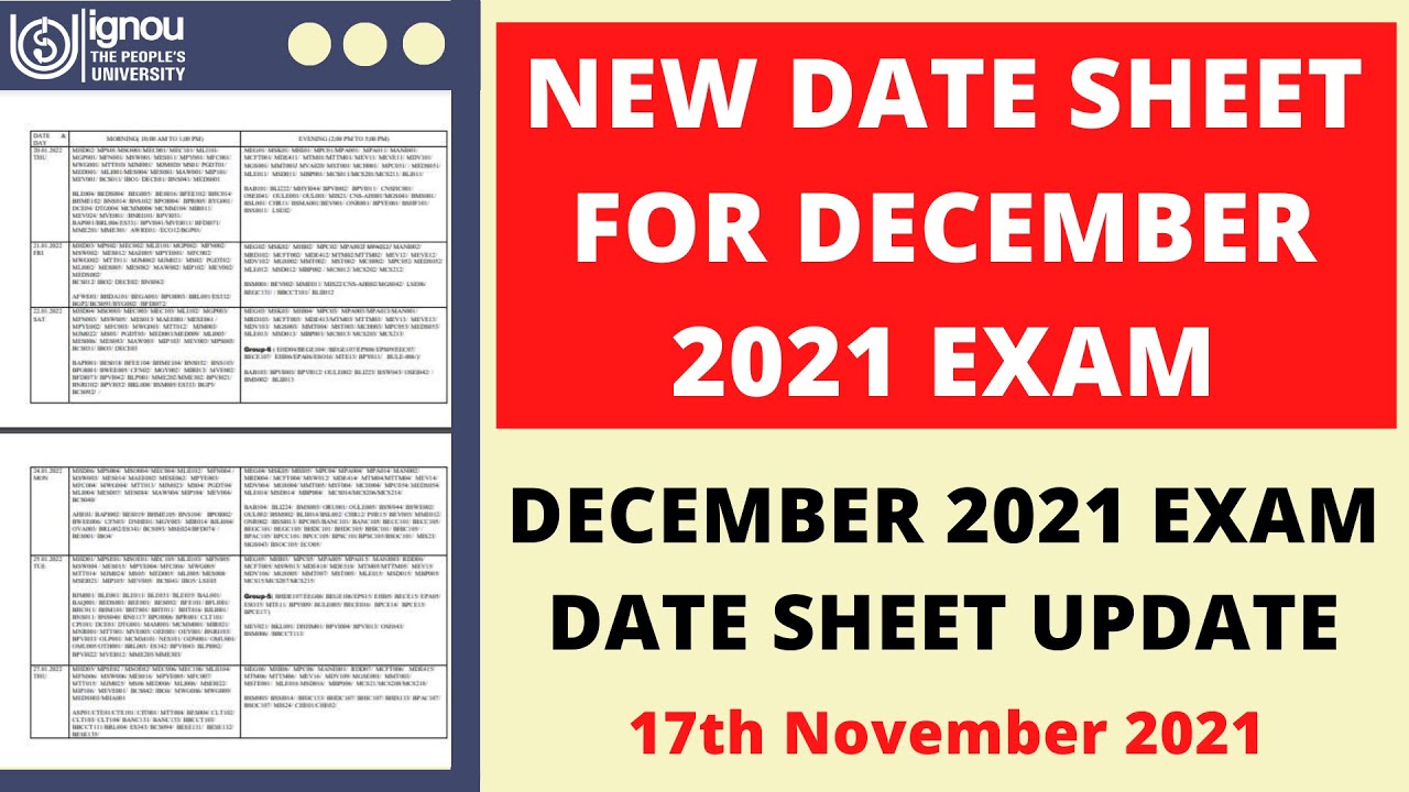 IGNOU NEW DATE SHEET FOR DECEMBER 2021 EXAM | DECEMBER 2021 EXAM DATE SHEET UPDATE | 17th November