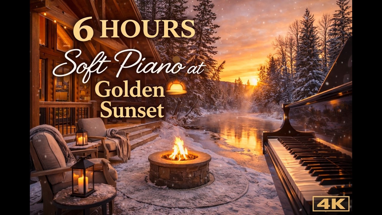 Golden Sunset 🌅  with 6 Hours of Soft Piano | Cozy Cabin Fireplace Music for Relaxation & Sleep