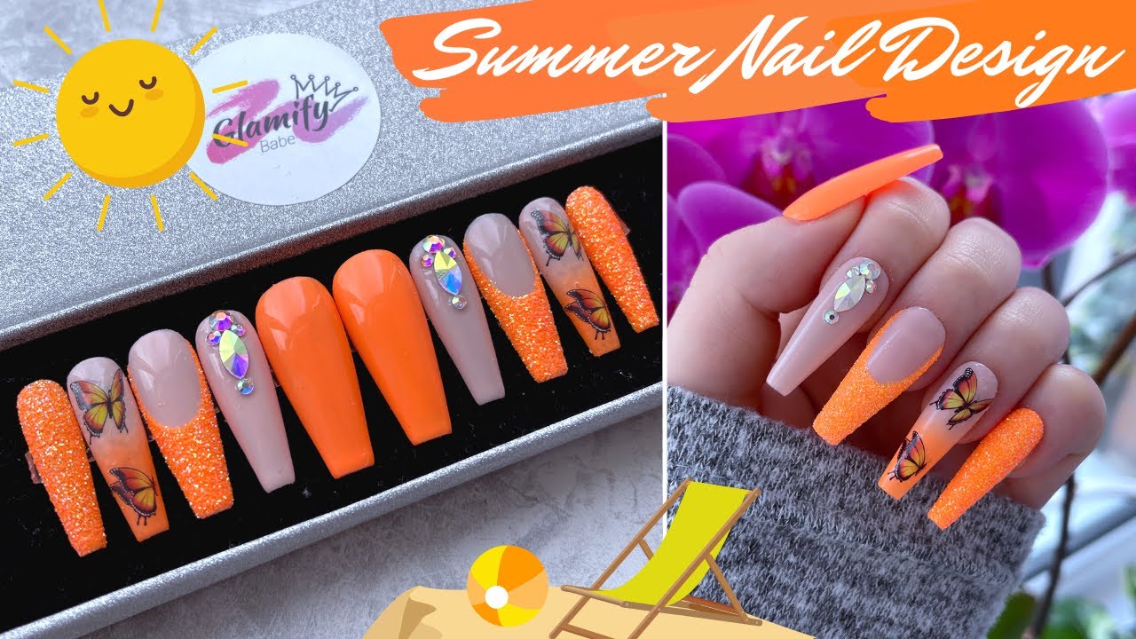 NEON ORANGE NAIL DESIGN| HOW TO MAKE PRESS ON NAILS| NAIL TUTORIAL| NAIL ART| SUMMER NAILS| GLITTER