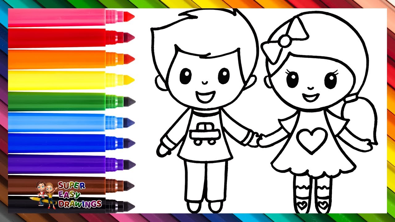 How To Draw Kids 👧👦 Drawing And Coloring A Girl And A Boy 🌈 Drawings For Kids