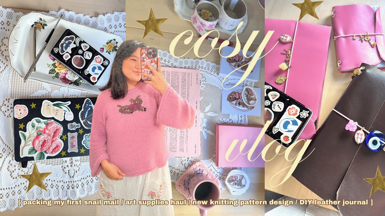cosy hobbies vlog 💌 packing snail mail, knit pattern design, art supplies, diy leather journal
