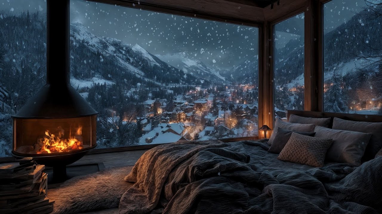 Cozy Winter Cabin Fireplace with Mountain View | Calm Night Ambience