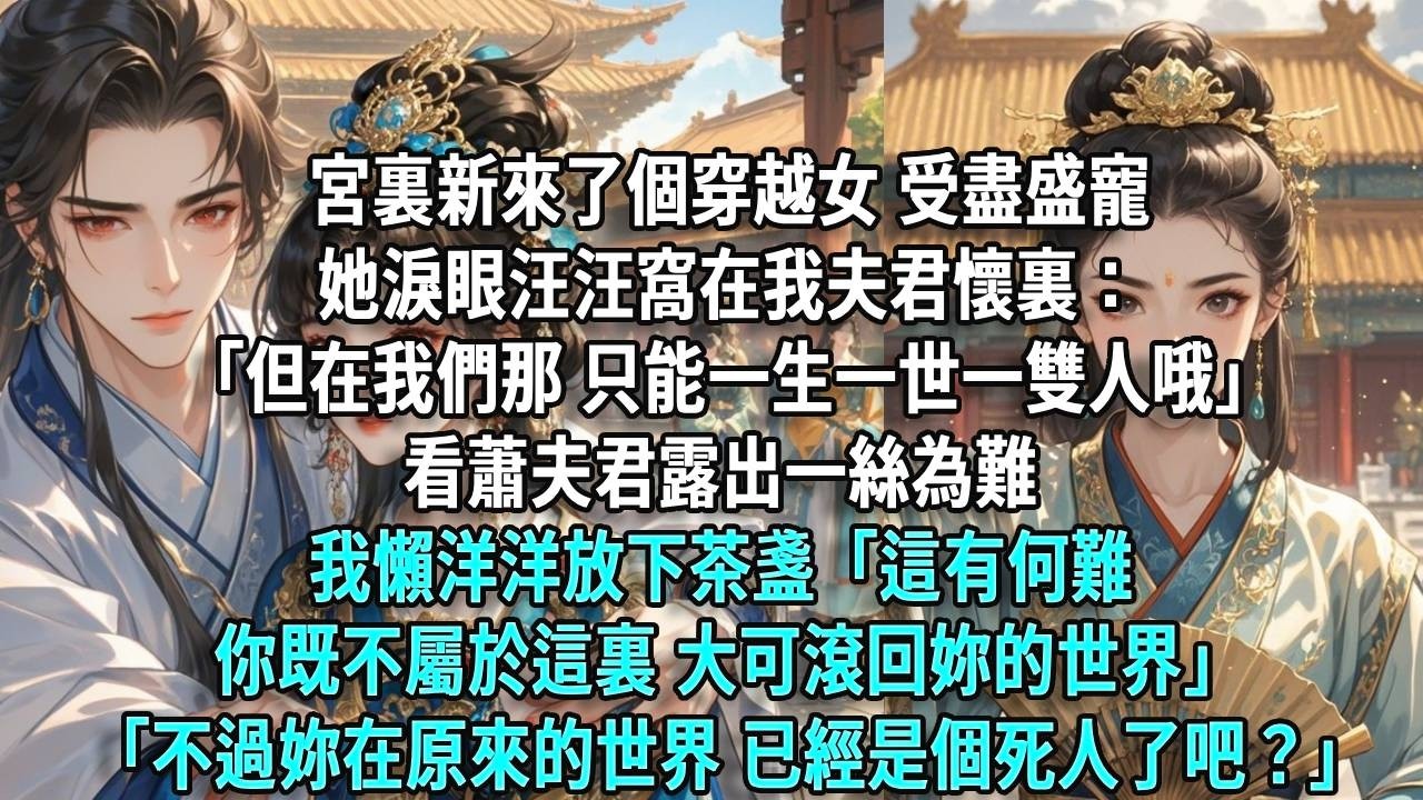 宮裏新來了個穿越女，受盡盛寵。她淚眼汪汪窩在我夫君懷裡：「但在我們那裡，只能一生一世一雙人哦。」看見夫君露出一絲為難，我懶洋洋地放下手裡的茶盞：「這有何難，江美人既不屬於這裡，大可滾回你的世界去」
