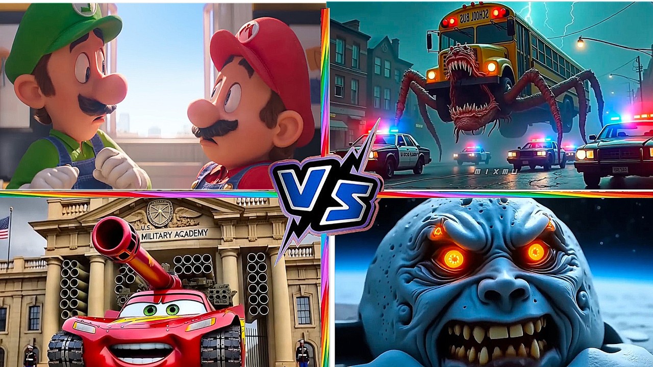 LUNAR MOON VS McQueen Tank VS Super MARIO VS School Bus Monster Tiles Hop EDM Rush 23