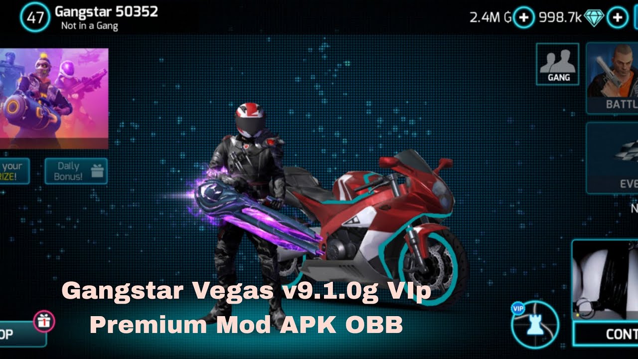 Gangstar Vegas v9.1.0g VIP Premium Mod APK OBB Unlimited Money Gold Diamond Gems Key