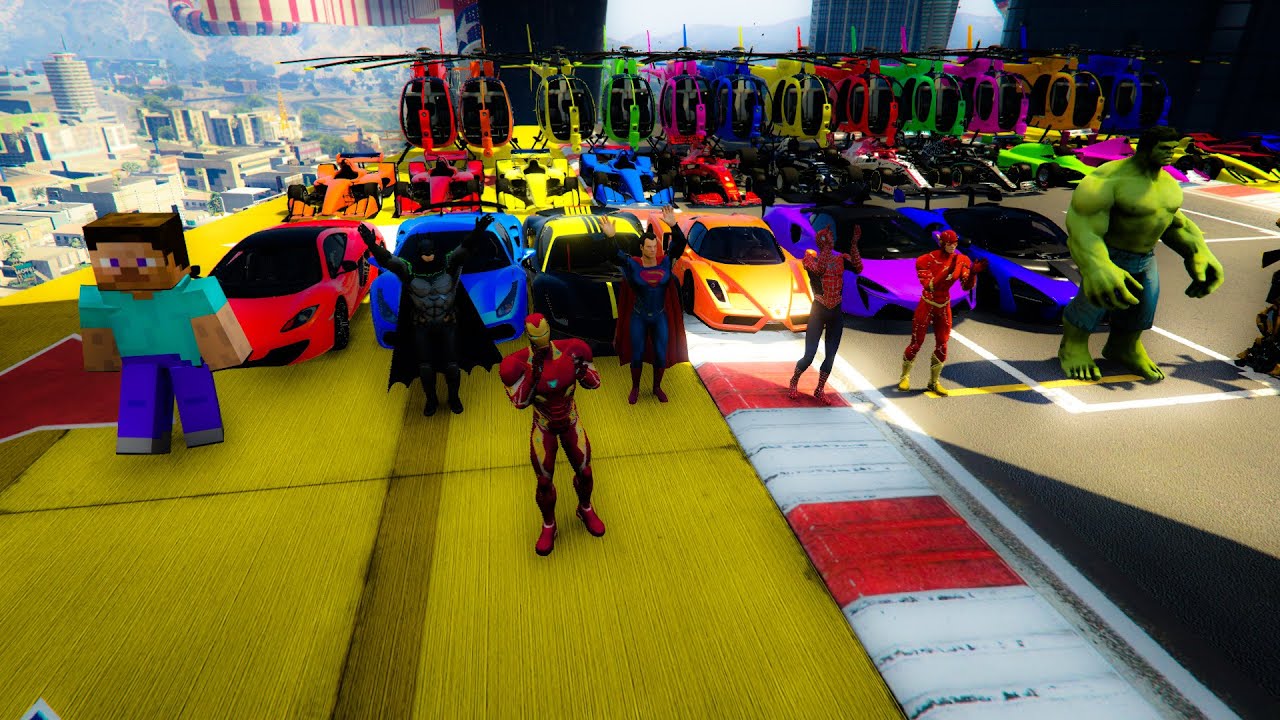 GTA V Stunt Map Race with spiderman ironman batman superman ! epic games super heroes and cars here!