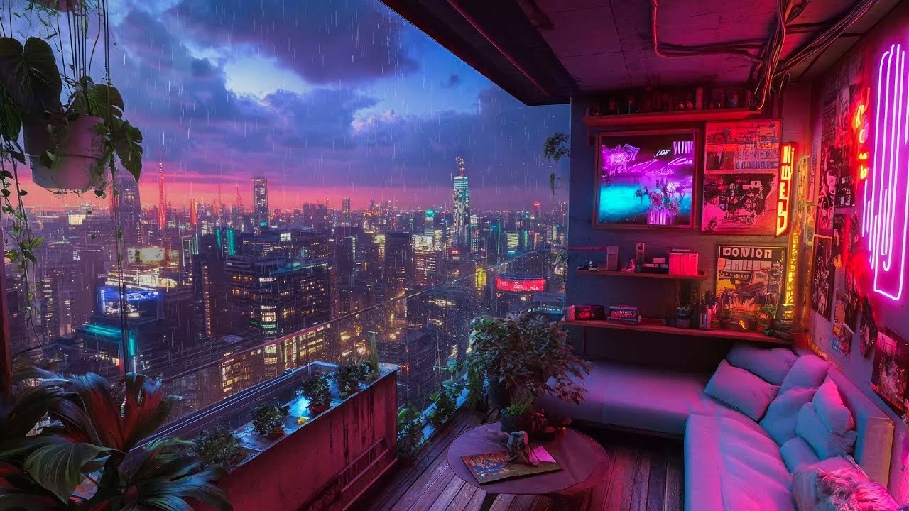 1990s Lofi City 🌂A Cozy Balcony Between Two Times 🎼 Lofi Rain Playlist