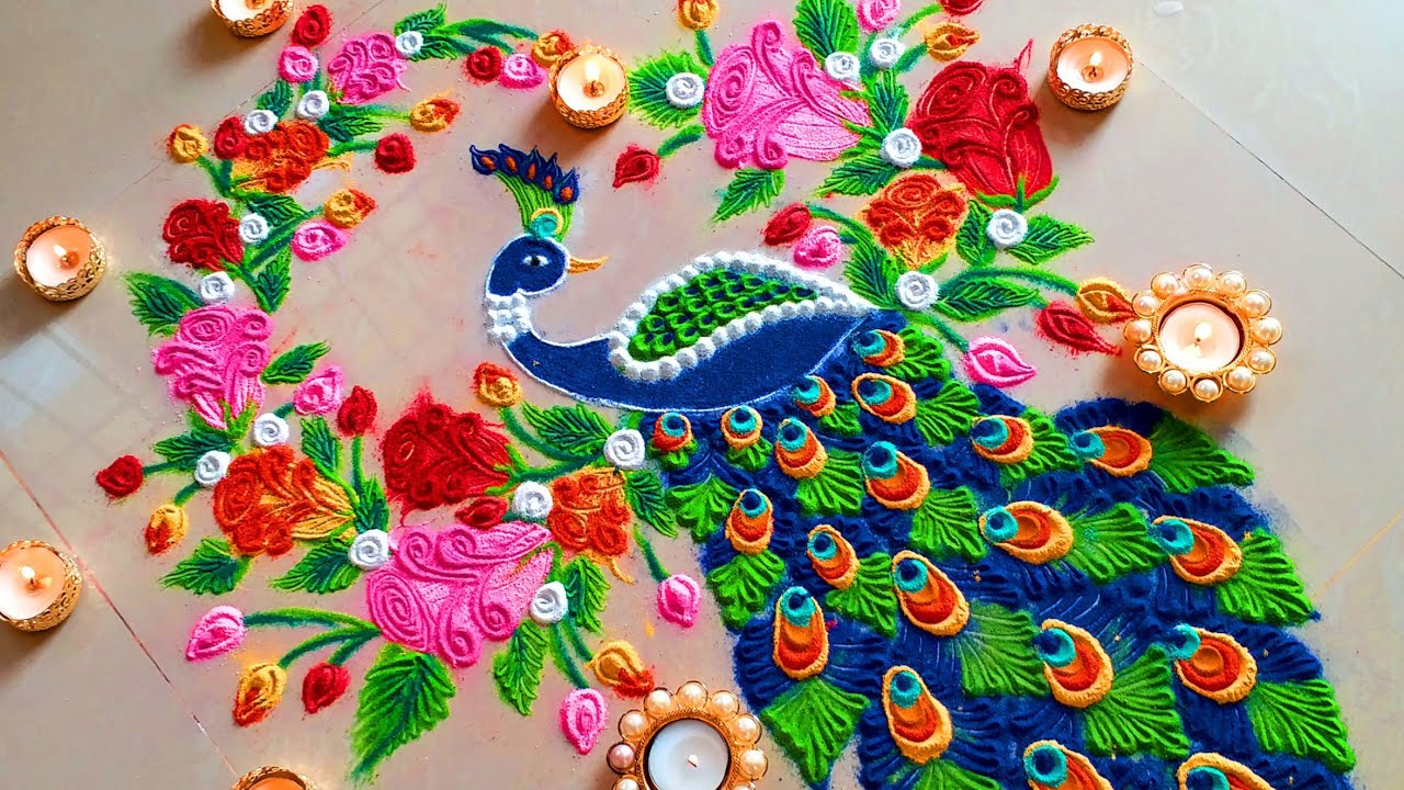 Very easy BEAUTIFUL Peacock rangoli 2018/ new year special 2019 rangoli designs!
