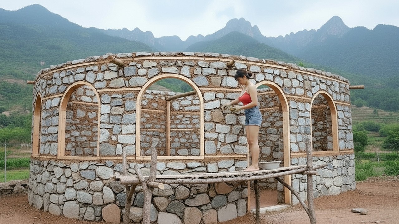 TIMELAPSE: Young Woman Creates a Dream Stone House from Scratch | Start to Finish